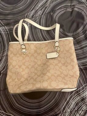 Coach Beige Signature Canvas Tote with Cream Trim